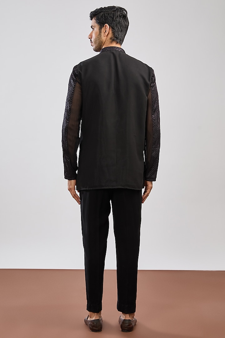 Black Japanese Crepe Sequins Embellished Wedding Indowestern Set by MS attire at Pernia's Pop Up Shop