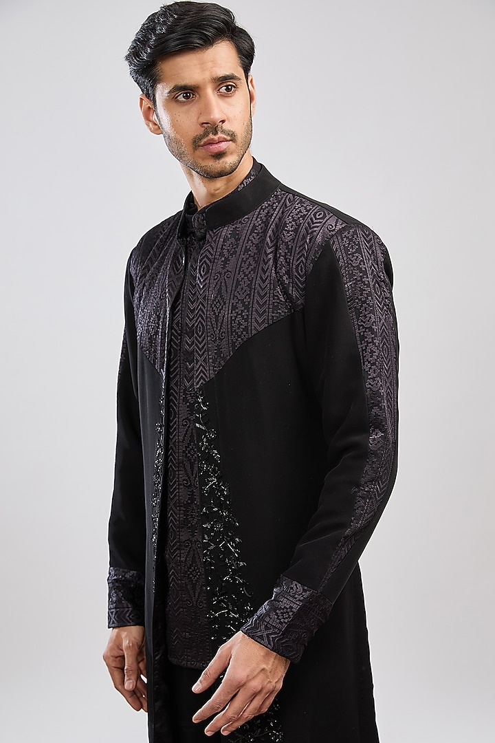 Black Japanese Crepe Sequins Embellished Wedding Indowestern Set by MS attire at Pernia's Pop Up Shop