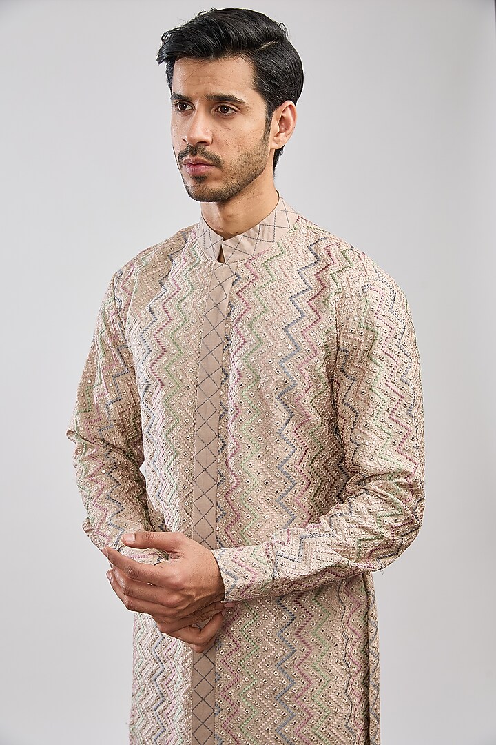 Beige Dupion Silk Mirror Work Kurta Set by MS attire at Pernia's Pop Up Shop