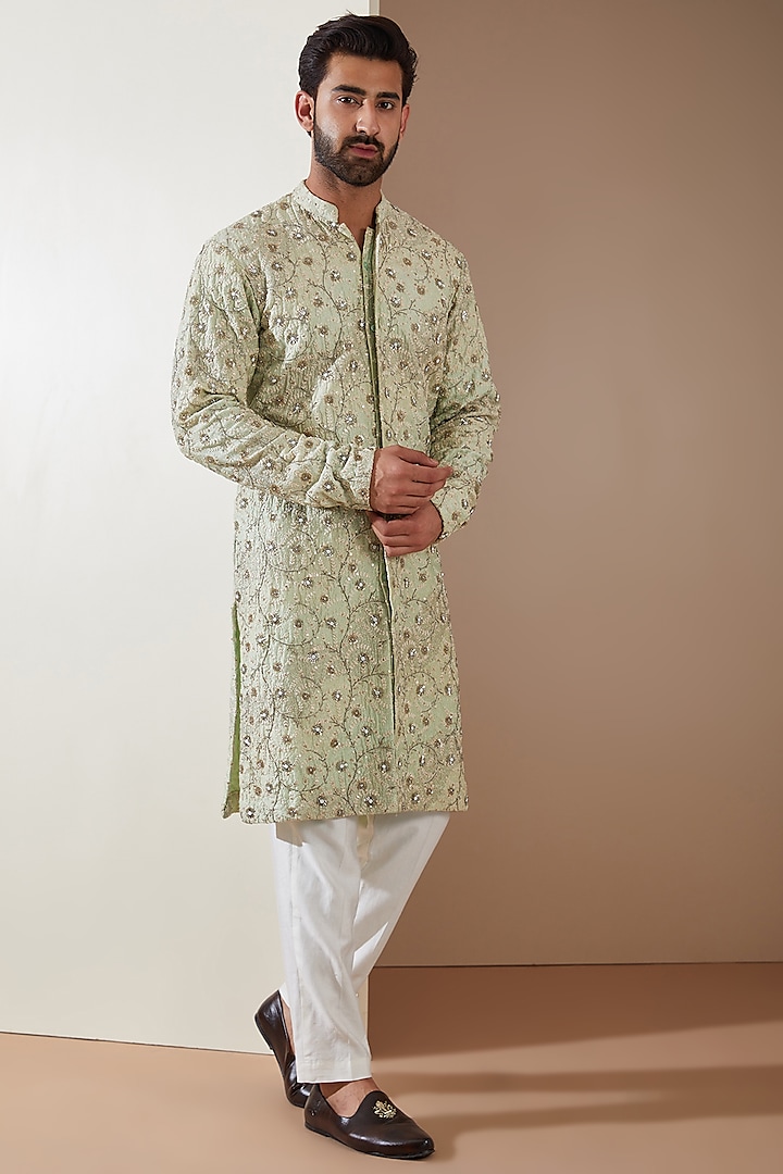 Green Pure Silk Resham Embroidered Sherwani Set by MS attire