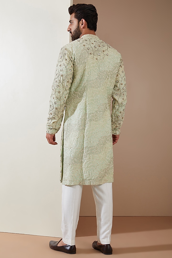 Green Pure Silk Resham Embroidered Groom Sherwani Set by MS attire at Pernia's Pop Up Shop