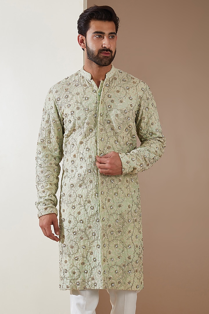 Green Pure Silk Resham Embroidered Groom Sherwani Set by MS attire at Pernia's Pop Up Shop