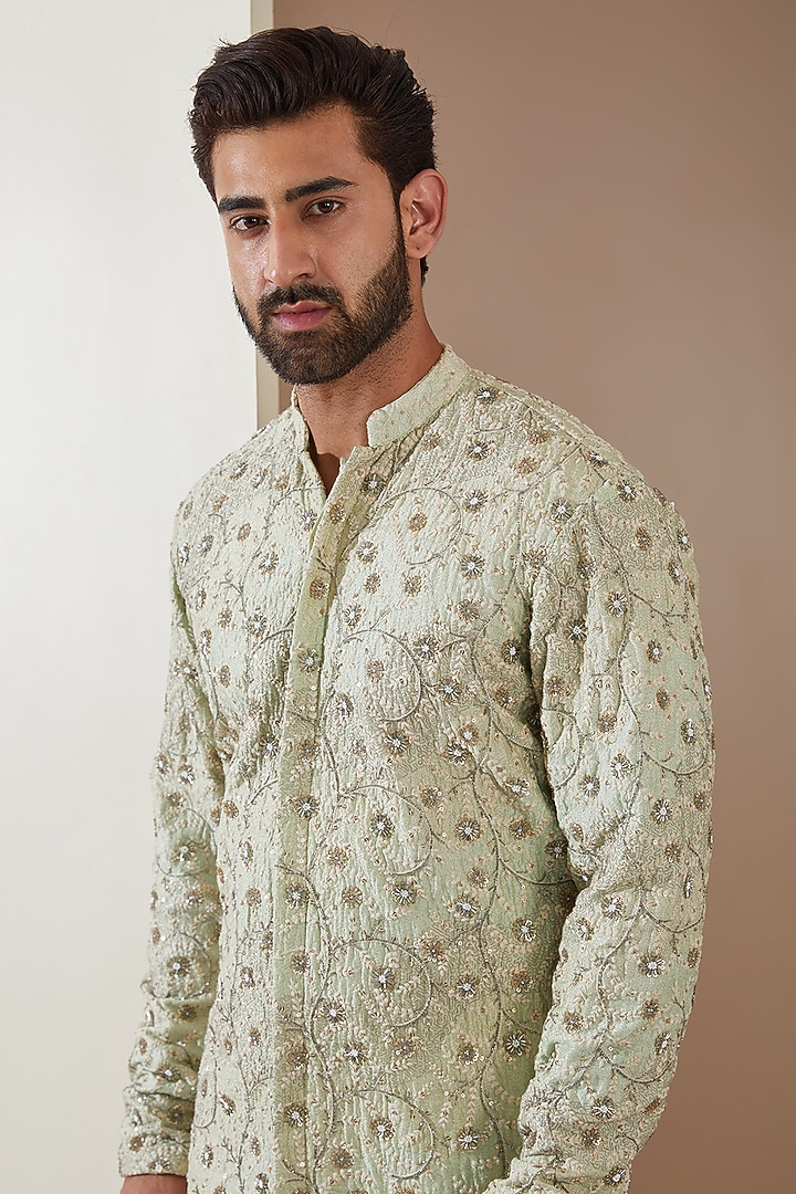 Green Pure Silk Resham Embroidered Groom Sherwani Set by MS attire at Pernia's Pop Up Shop