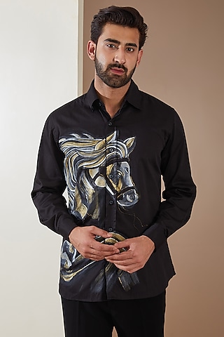Black Cotton Hand Printed Shirt by MS attire