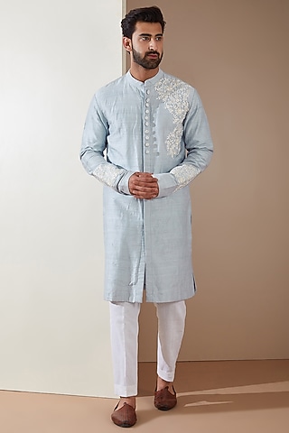 Blue Raw Silk Resham Embroidered Sherwani by MS attire