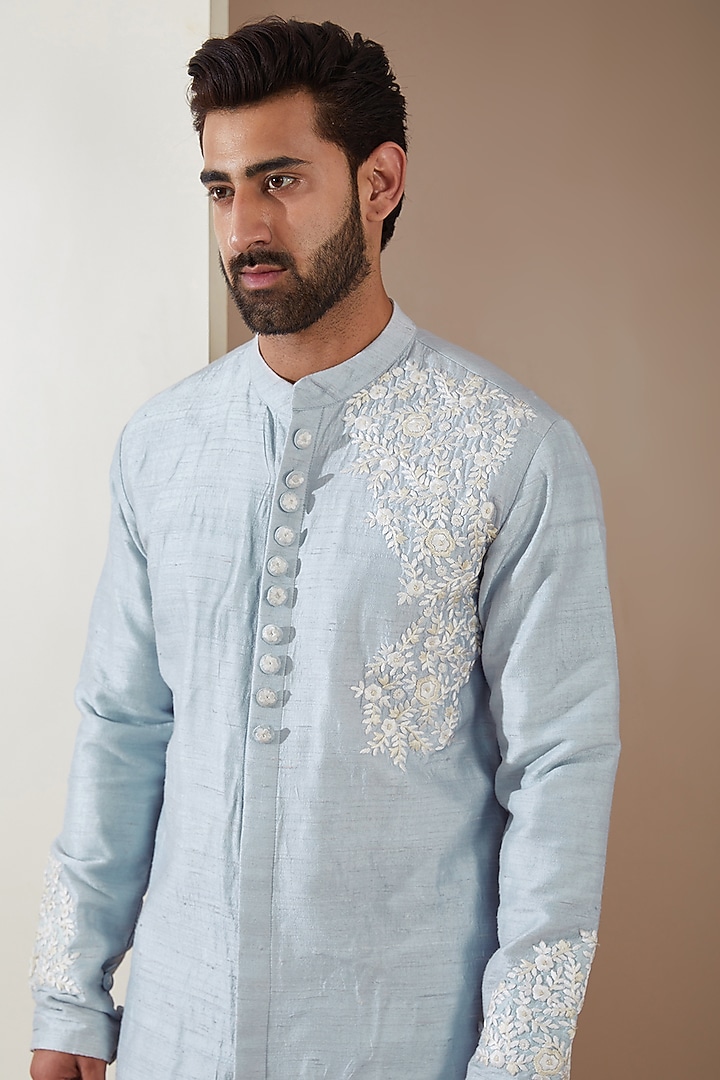 Blue Raw Silk Resham Embroidered Wedding Sherwani by MS attire at Pernia's Pop Up Shop