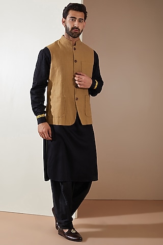 Brown Linen Nehru Jacket Set by MS attire