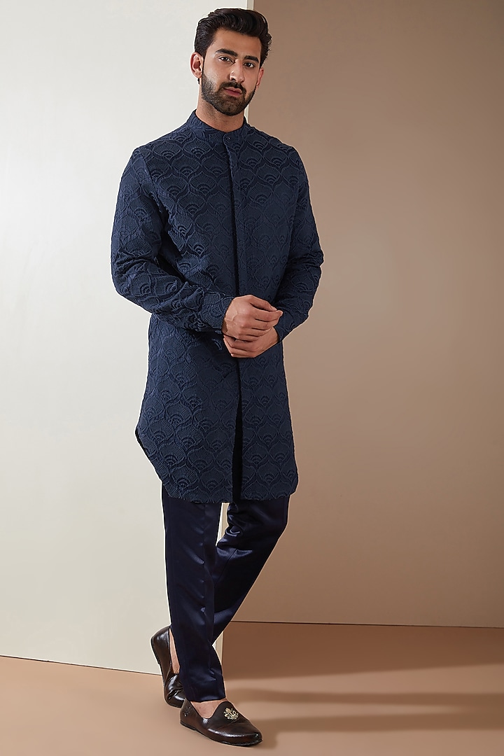 Blue Satin Silk Sherwani Set by MS attire