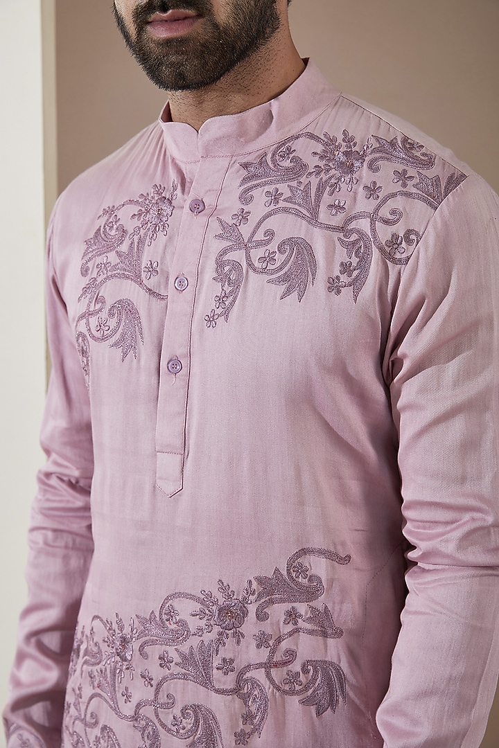 Mauve Cotton Satin Machine Embroidered Kurta Set by MS attire at Pernia's Pop Up Shop