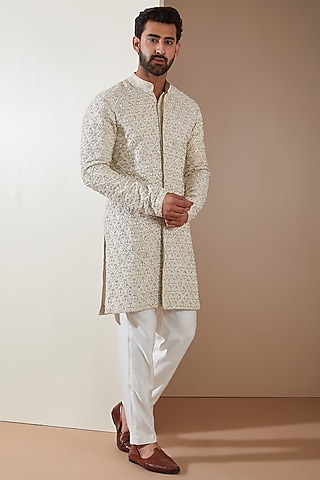 Off-White Brocade Embroidered Kurta Set by MS attire