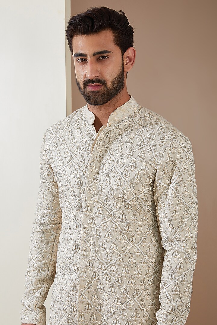 Off-White Brocade Embroidered Kurta Set by MS attire at Pernia's Pop Up Shop
