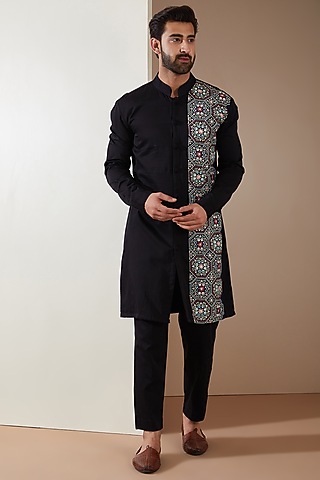 Black Cotton Machine Embroidered Kurta Set by MS attire