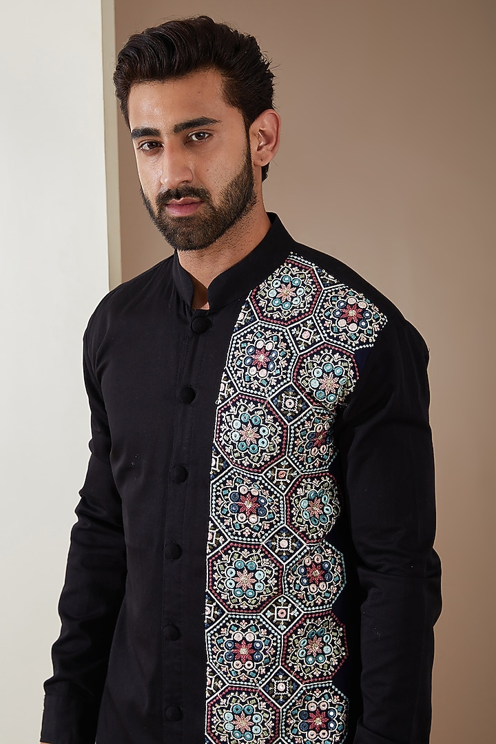 Black Cotton Machine Embroidered Kurta Set by MS attire at Pernia's Pop Up Shop