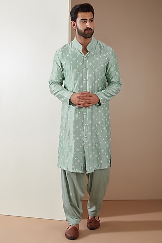 Light Grey Cotton Silk Mirror Embroidered Kurta Set by MS attire