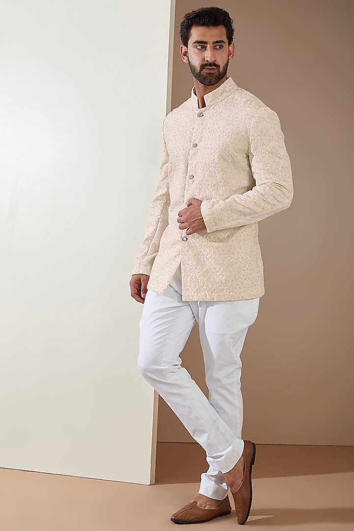 Off-White Dupion Silk Embellished Bandhgala Set by MS attire