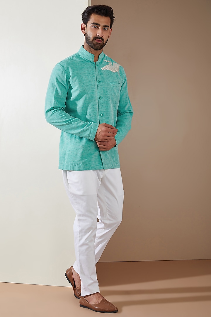 Turquoise Linen Embellished Short Kurta Set by MS attire