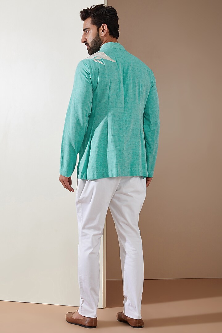 Turquoise Linen Embellished Short Kurta Set by MS attire at Pernia's Pop Up Shop