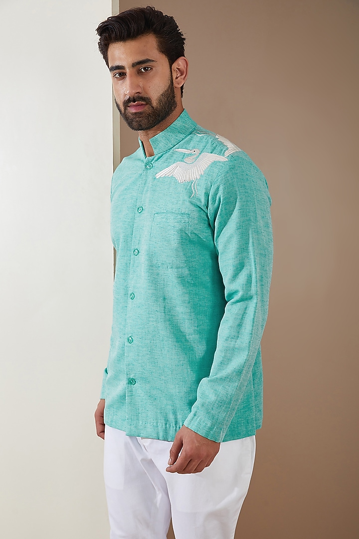 Turquoise Linen Embellished Short Kurta Set by MS attire at Pernia's Pop Up Shop