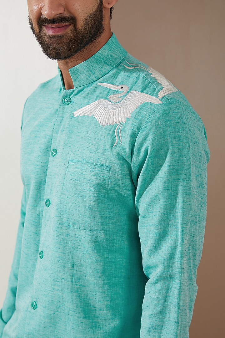 Turquoise Linen Embellished Short Kurta Set by MS attire at Pernia's Pop Up Shop