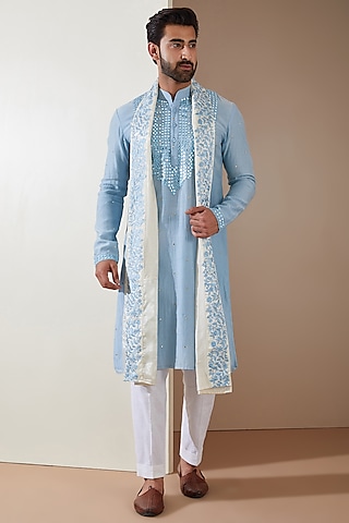 Sky Blue Chanderi Mirror Embroidered Kurta Set by MS attire
