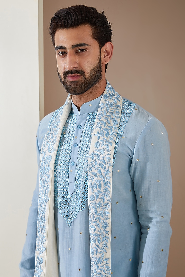 Sky Blue Chanderi Mirror Embroidered Kurta Set by MS attire at Pernia's Pop Up Shop