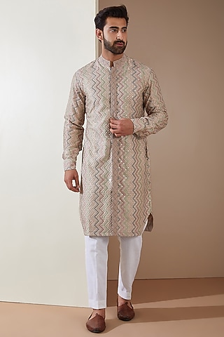 Light Brown Dupion Silk Mirror Embroidered Kurta Set by MS attire