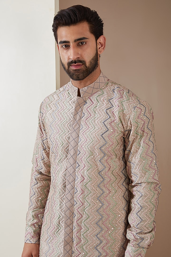 Light Brown Dupion Silk Mirror Embroidered Kurta Set by MS attire at Pernia's Pop Up Shop