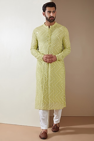 Yellow Georgette Mirror Embroidered Kurta Set by MS attire