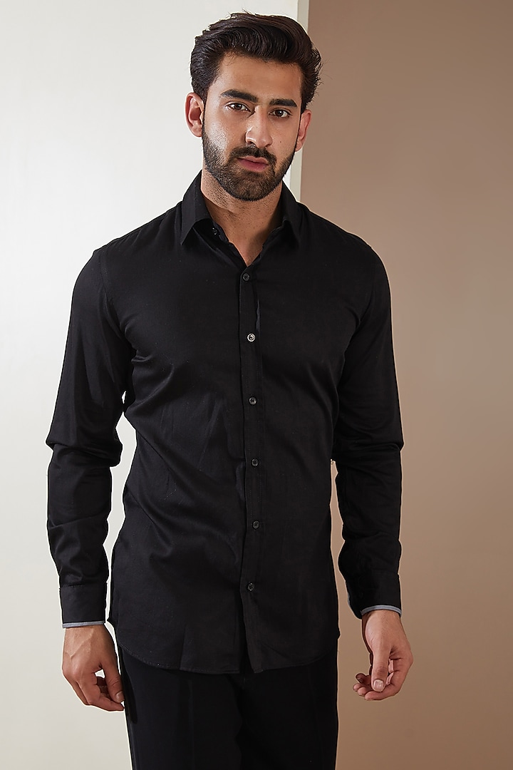 Black Cotton Satin Thread Embroidered Shirt by MS attire