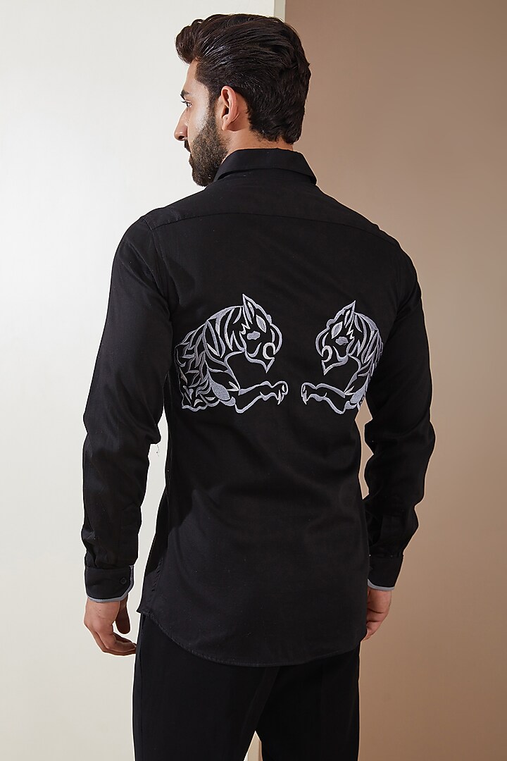 Black Cotton Satin Thread Embroidered Party Wear Shirt by MS attire at Pernia's Pop Up Shop