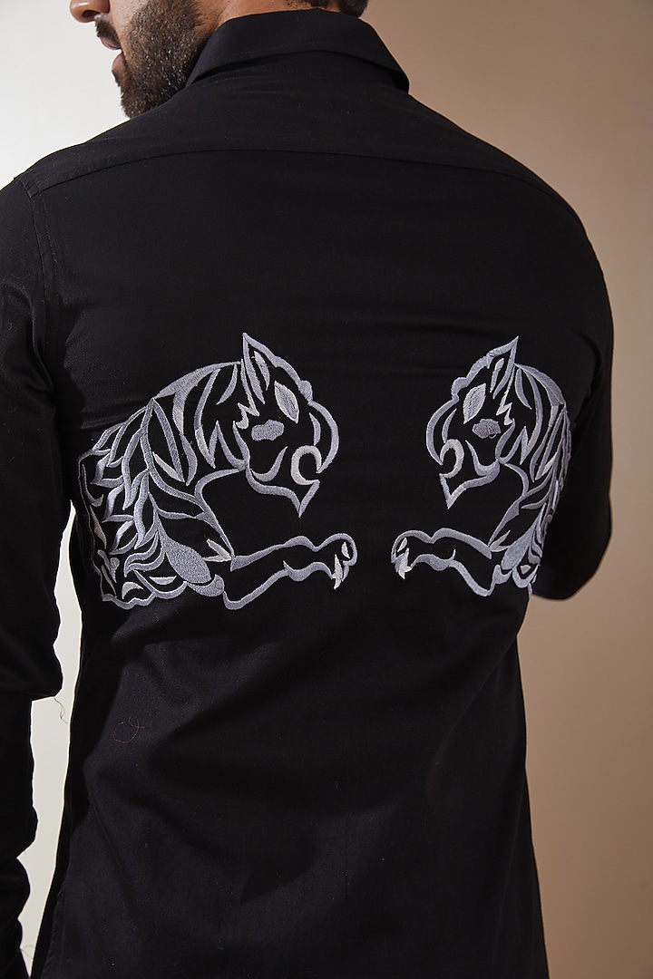 Black Cotton Satin Thread Embroidered Party Wear Shirt by MS attire at Pernia's Pop Up Shop