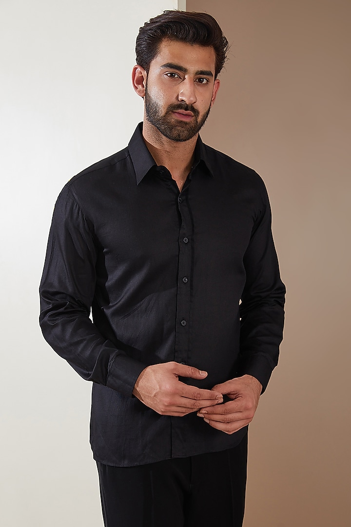 Black Cotton Satin Embroidered Shirt by MS attire