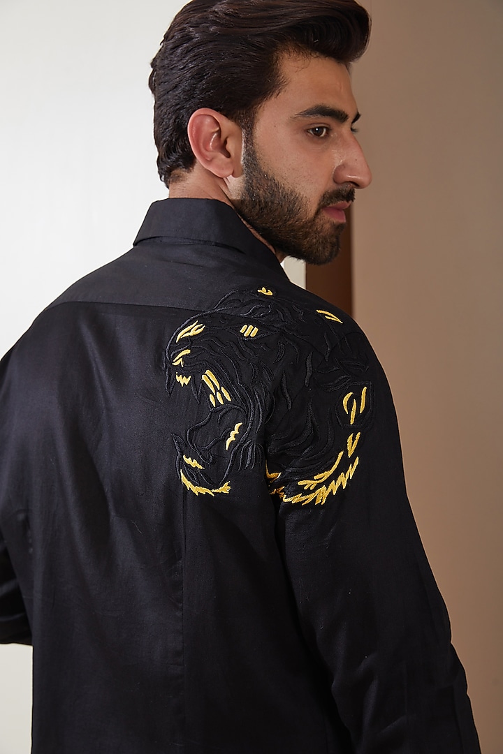 Black Cotton Satin Embroidered Party Wear Shirt by MS attire at Pernia's Pop Up Shop