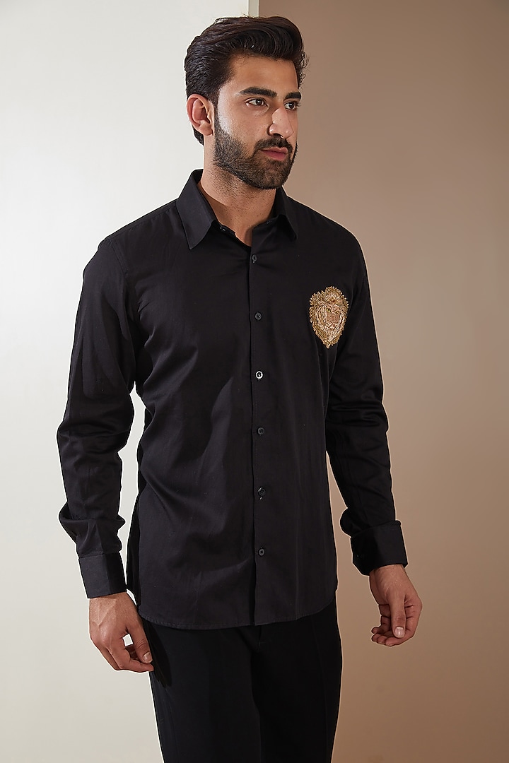 Black Cotton Satin Motif Embroidered Shirt by MS attire