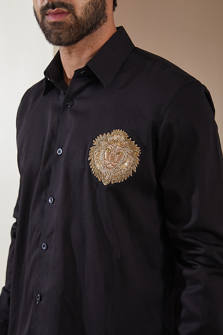 Black Cotton Satin Motif Embroidered Party Wear Shirt by MS attire at Pernia's Pop Up Shop