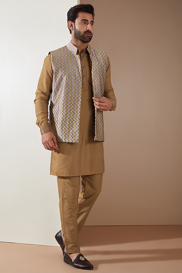 Brown Cotton Silk Resham Embellished Nehru Jacket Set by MS attire