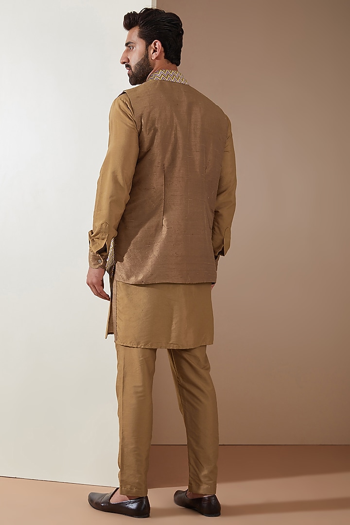 Brown Cotton Silk Resham Embellished Nehru Jacket Set by MS attire at Pernia's Pop Up Shop