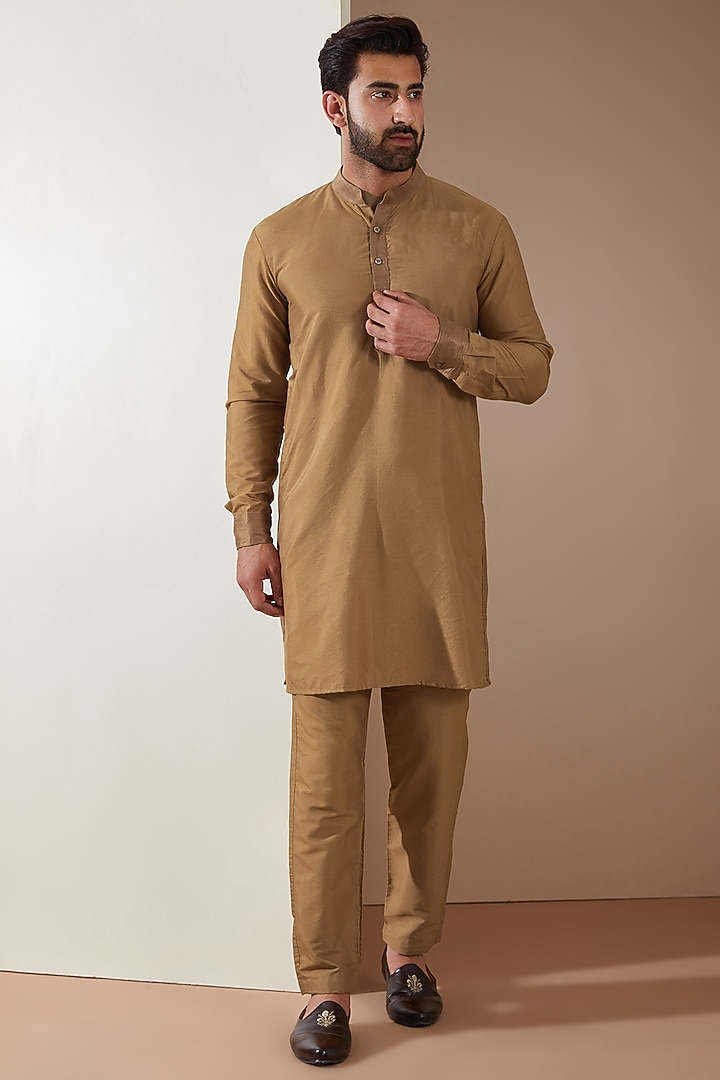 Brown Cotton Silk Resham Embellished Nehru Jacket Set by MS attire at Pernia's Pop Up Shop