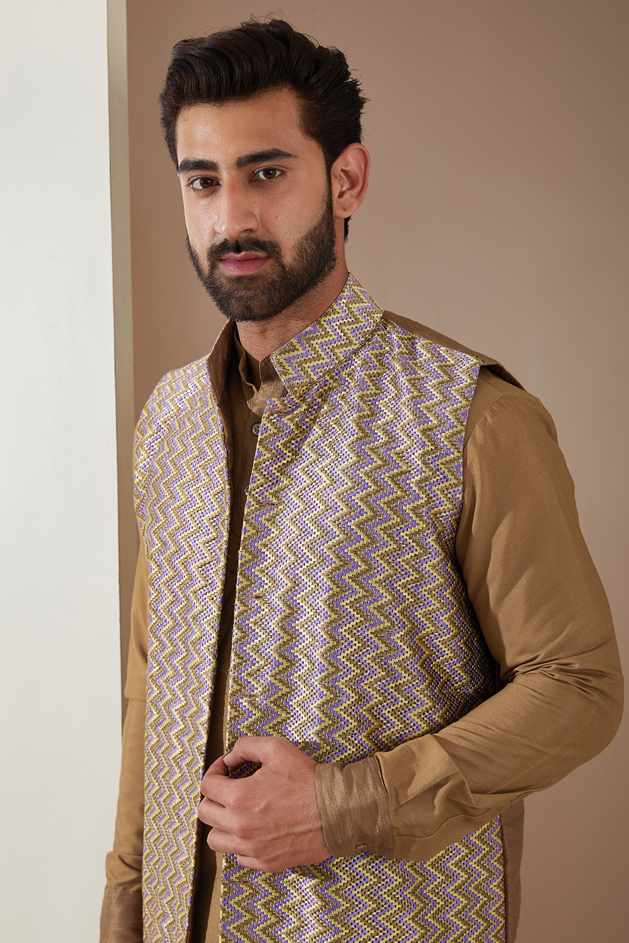 Check Nehru Jacket - Brown - Semi Woolen - IndiFeels Australia