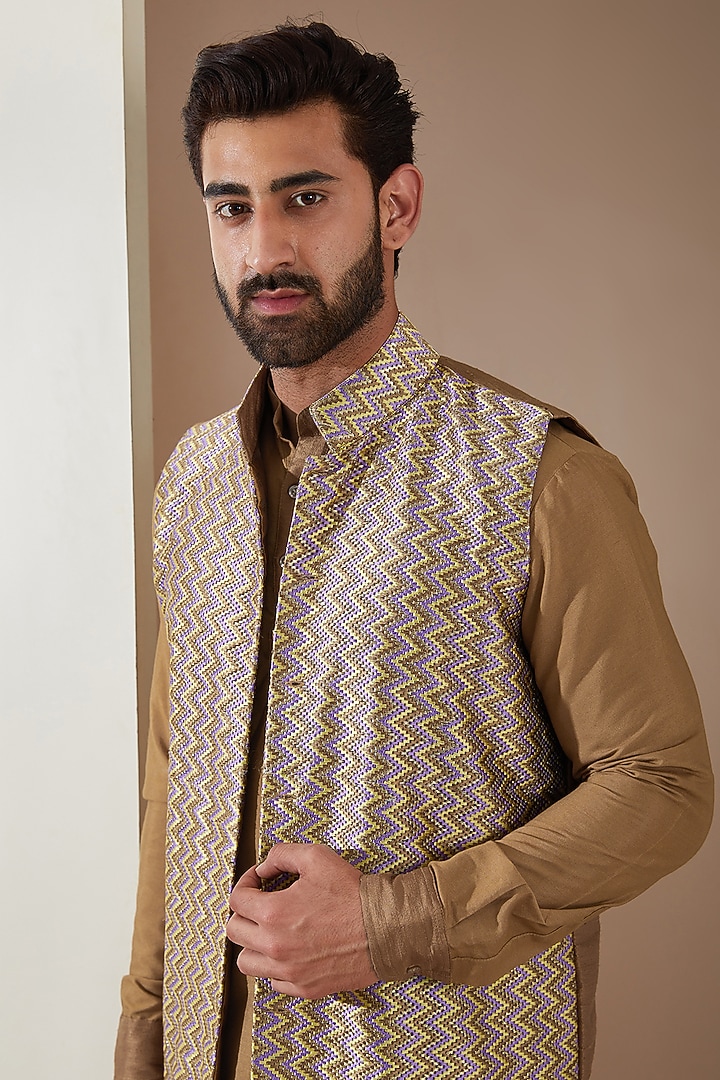 Brown Cotton Silk Resham Embellished Nehru Jacket Set by MS attire at Pernia's Pop Up Shop
