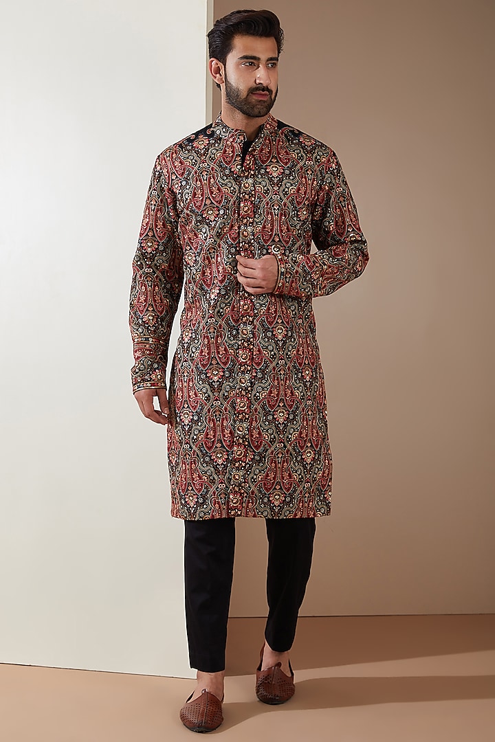 Black Cotton Silk Thread Embroidered Sherwani Set by MS attire