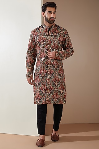 Black Cotton Silk Thread Embroidered Sherwani Set by MS attire