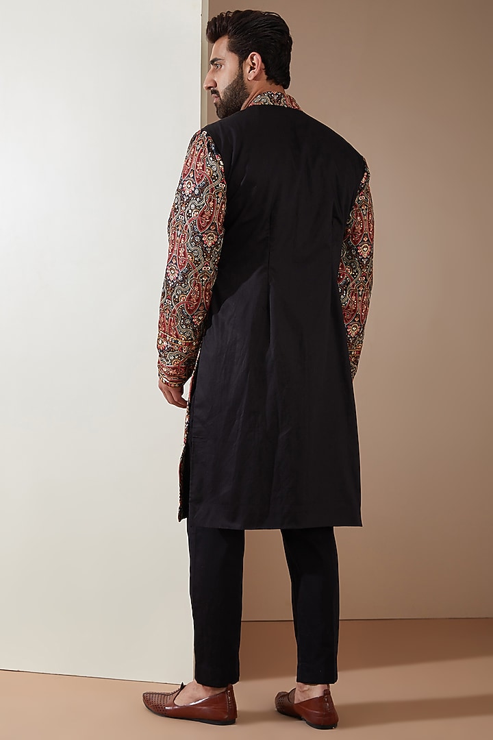Black Cotton Silk Thread Embroidered Wedding Sherwani Set by MS attire at Pernia's Pop Up Shop