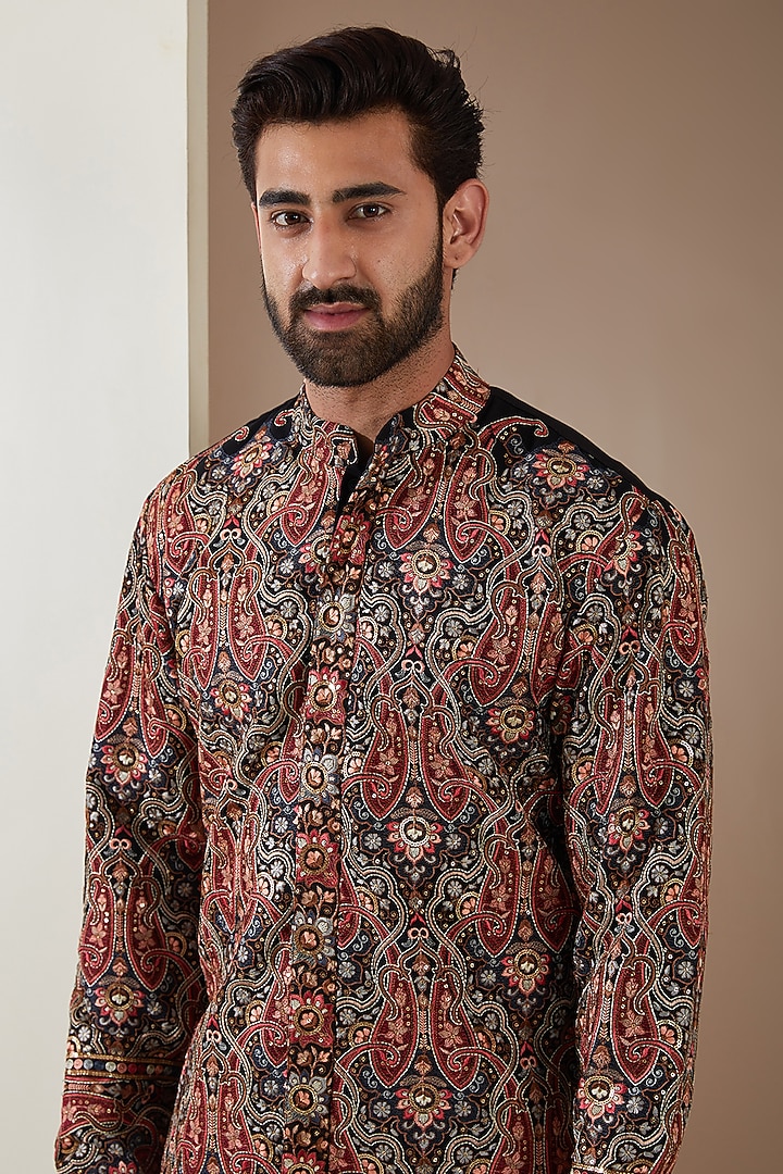 Black Cotton Silk Thread Embroidered Wedding Sherwani Set by MS attire at Pernia's Pop Up Shop