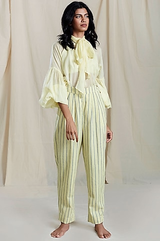 Yellow Gathered Sleeves & Necktie Shirt by Mati