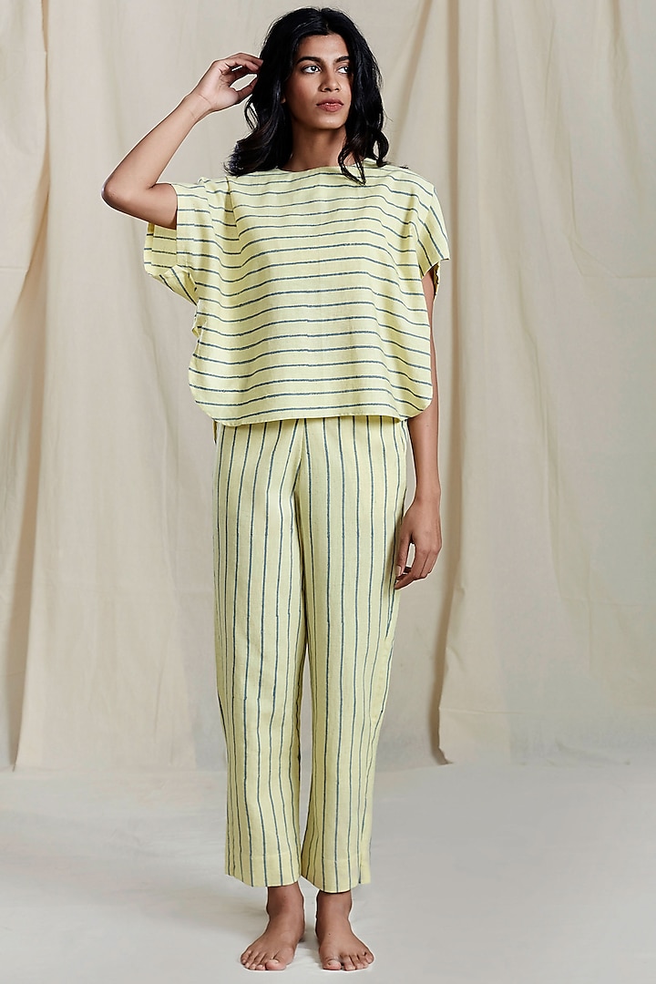 Yellow Striped Printed Pants by Mati