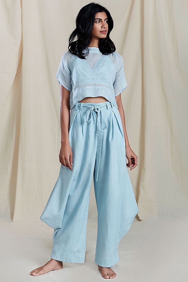 Blue Cowl Pleated Pants by Mati
