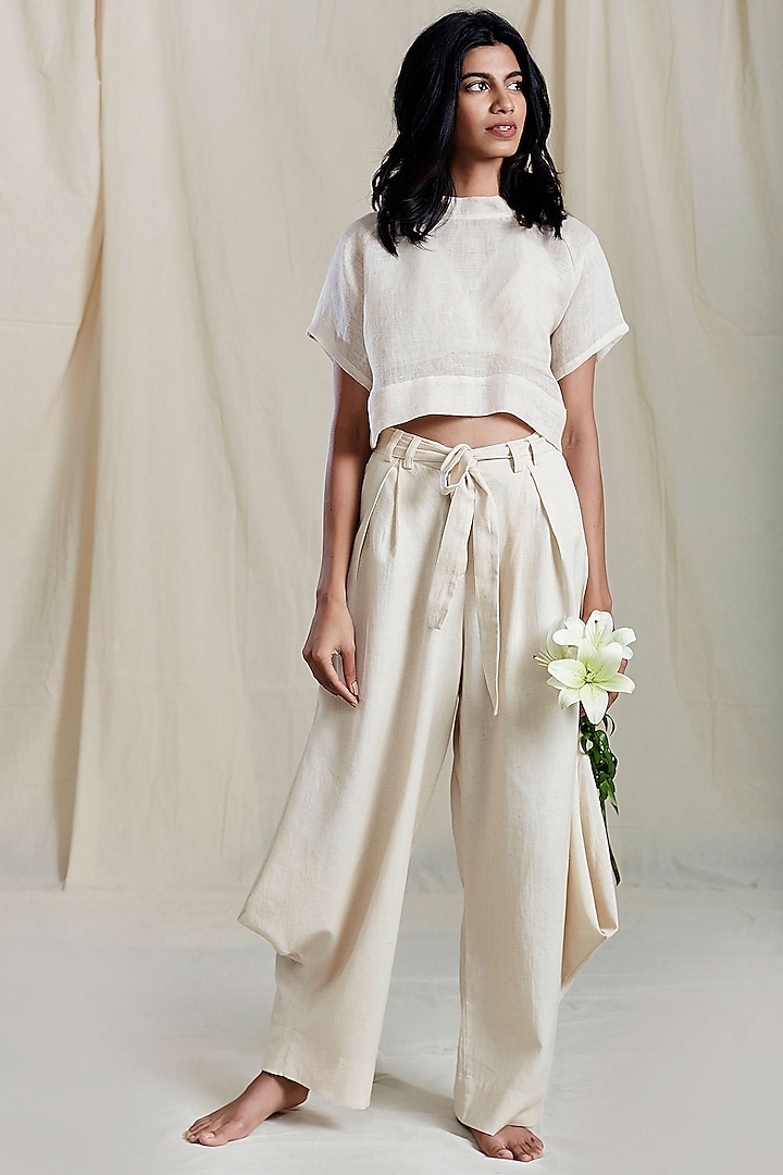 Beige Pleated Cowl Pants by Mati