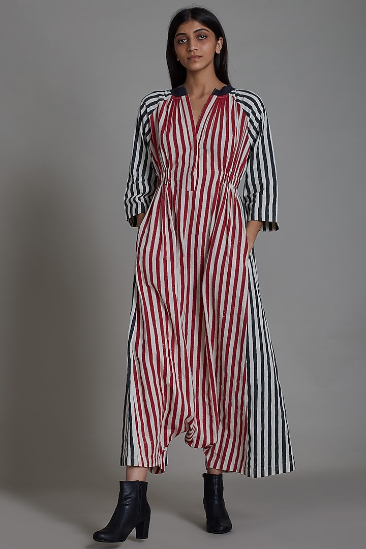 Red & Black Cotton Printed Handwoven Jumpsuit by Mati