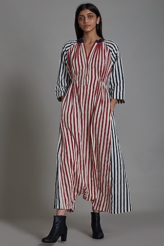 Red & Black Cotton Printed Handwoven Jumpsuit by Mati